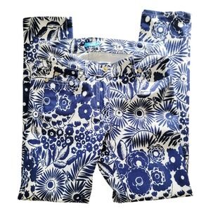 J. McLaughlin Floral Print Skinny Pants Women Size 0 Navy Blue White‎ NEW